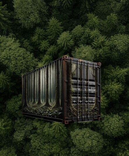 liquid forest container centered in a forest
